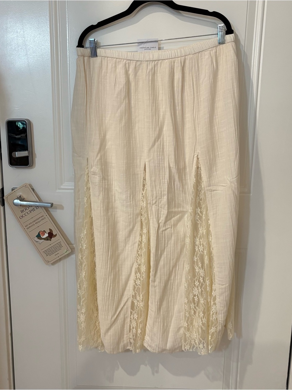 American Eagle Outfitters Cream Lace-Panel Midi Skirt
